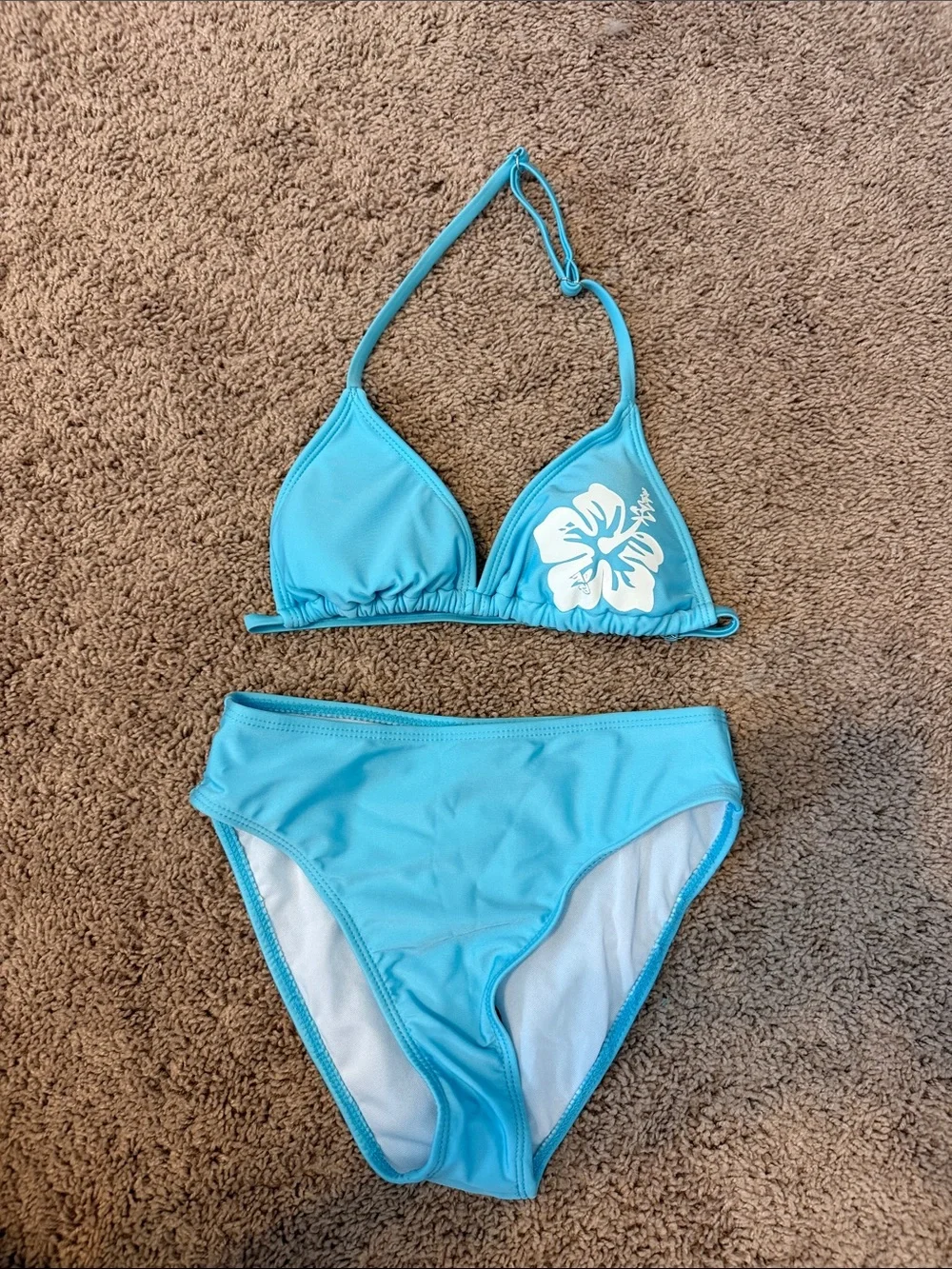 SHEIN Aqua Blue Girls Two-Piece Bikini with White Floral Accent